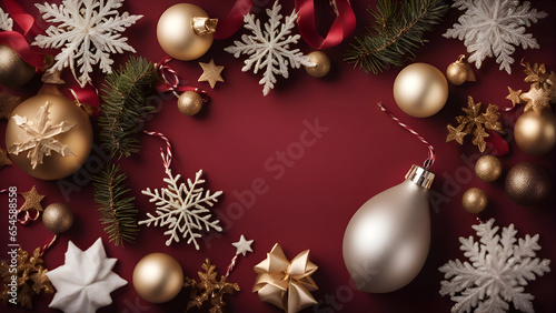 Christmas background with baubles and snowflakes on red background