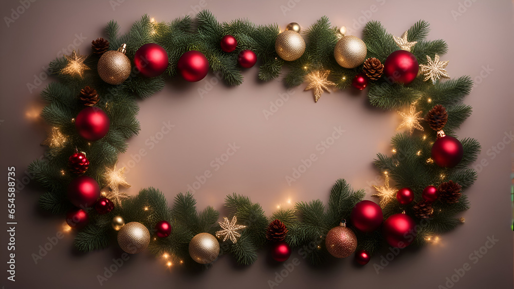 Christmas wreath with baubles and lights on a gray background