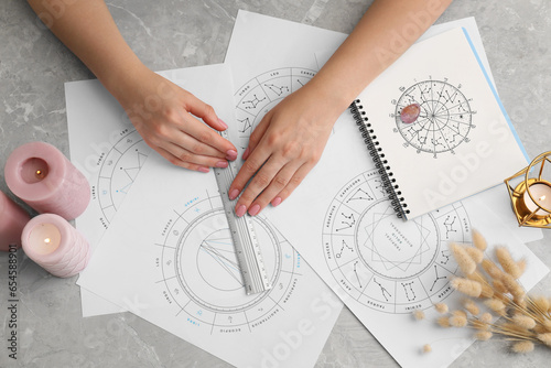 Φωτογραφία Astrologer calculating natal chart for making forecast of fate at table, top view