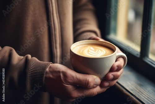 A cozy moment as a person's hands cradle a hot cup of coffee, facing a window. The scene evokes warmth, contemplation, and comfort.