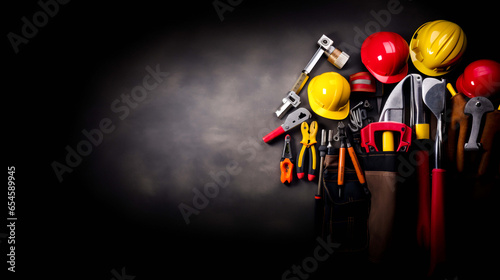 Various handy tools on a dark background represent a Labor Day concept. photo