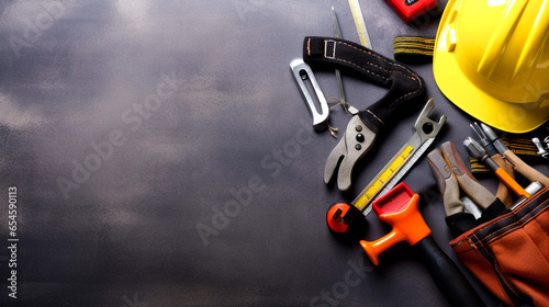 Various handy tools on a dark background represent a Labor Day concept.