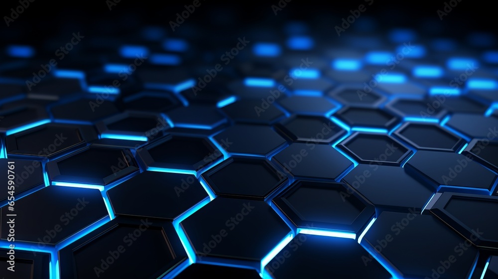 A floor or surface covered with lit up hexagons with blue lights. Generative AI. A floor or surface covered with lit up hexagons with blue lights. Generative AI.