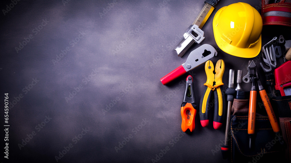 Various handy tools on a dark background represent a Labor Day concept.