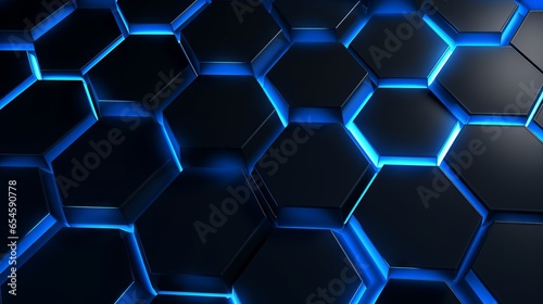 A floor or surface covered with lit up hexagons with blue lights. Generative AI. 