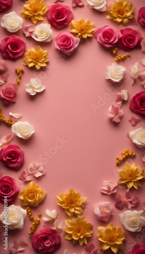Frame of flowers on pink background. Flat lay. top view.