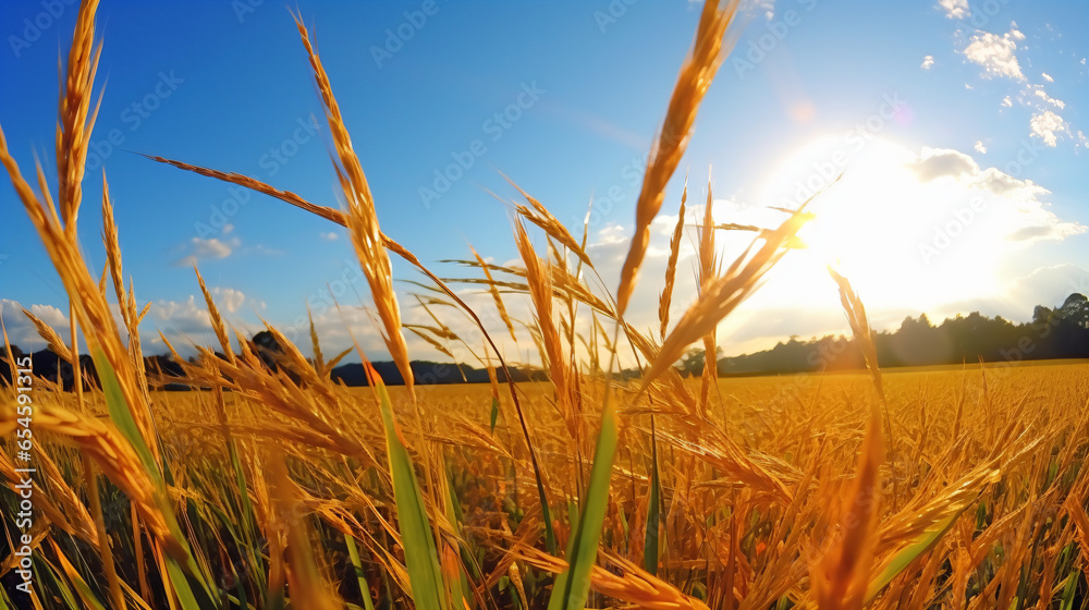 Obraz premium 大空を見上げるアングルの小麦畑