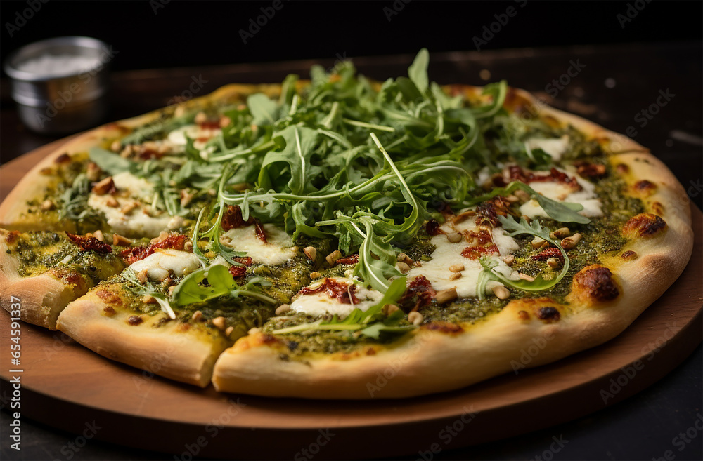 Pesto Pizza made of pesto sauce, mozzarella cheese, and toppings sundried tomatoes, pine nuts, and arugula Pesto Pizza made of pesto sauce, mozzarella cheese, and toppings sundried tomatoes, pine nuts, and arugula