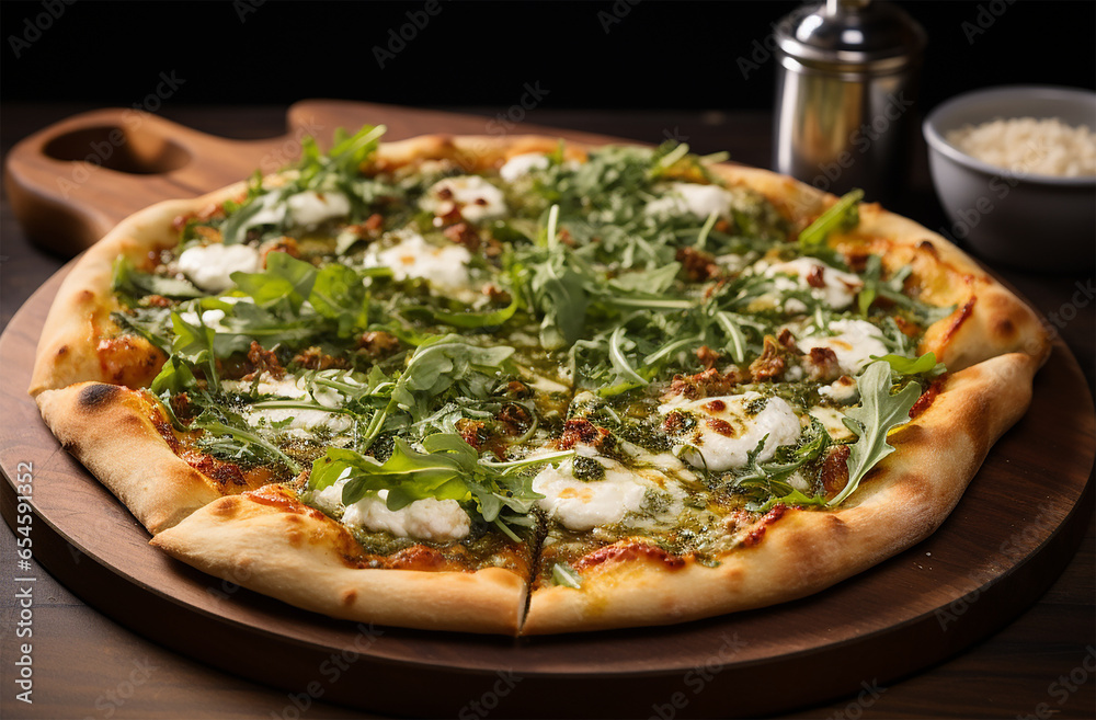 Pesto Pizza made of pesto sauce, mozzarella cheese, and toppings sundried tomatoes, pine nuts, and arugula Pesto Pizza made of pesto sauce, mozzarella cheese, and toppings sundried tomatoes, pine nuts, and arugula