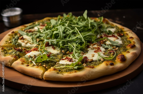 Pesto Pizza made of pesto sauce, mozzarella cheese, and toppings sundried tomatoes, pine nuts, and arugula