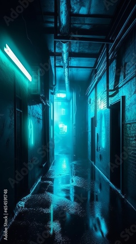 An empty alley in a cyberpunk city with neon lights. Generative AI.  photo