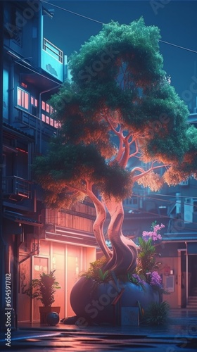 An alley in a cyberpunk city with neon lights and a tree. Generative AI.  photo