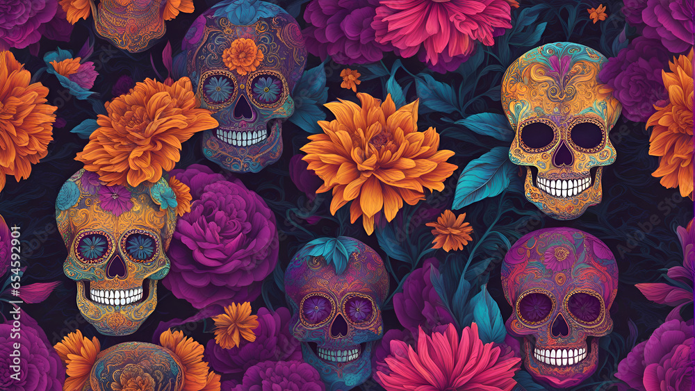 Seamless pattern with sugar skulls and flowers. Vector illustration.