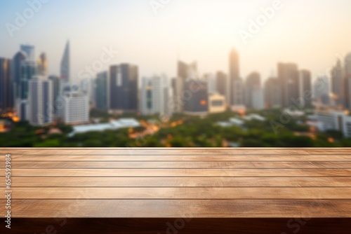 Empty wooden table top with blurred modern city buildings background for product display montage
