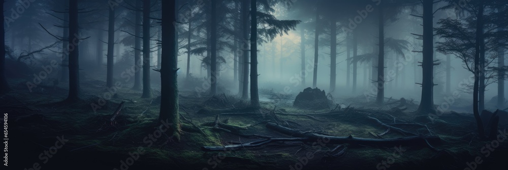 Fototapeta premium foggy forest with picturesque trees
