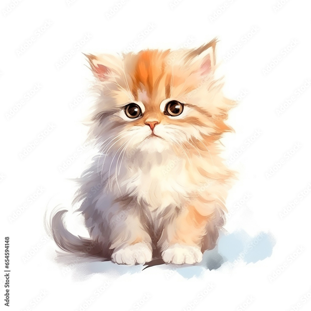 Kitty cartoon watercolor illustration, cute portrait of cat isolated on white background.