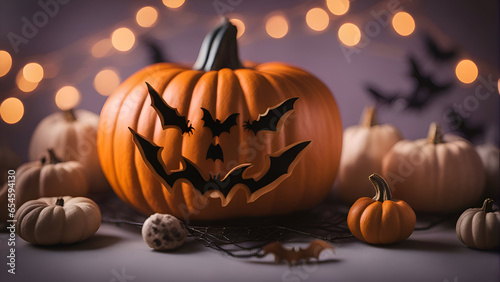 Halloween pumpkins with bats on bokeh lights background.