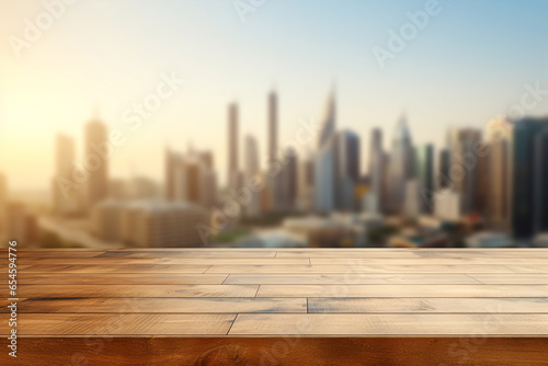 Empty wooden table top with blurred modern city buildings background for product display montage