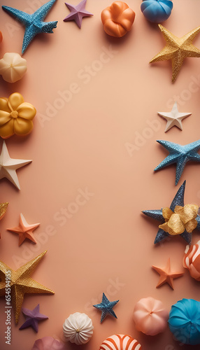 Top view of starfish and seashells on beige background © Waqar