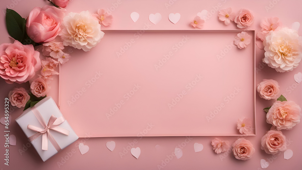 Valentine's day background with pink roses. gift box and copy space
