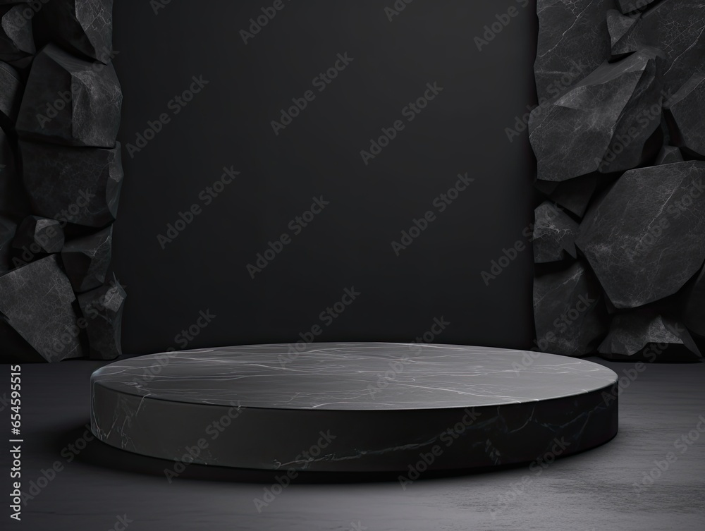 black podium for display product material from black stone can be use for presentation jewelry, watch, cosmetic - obrazy, fototapety, plakaty 