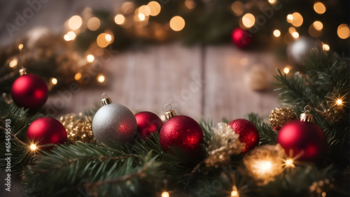 Christmas decoration on wooden background with bokeh lights and copy space