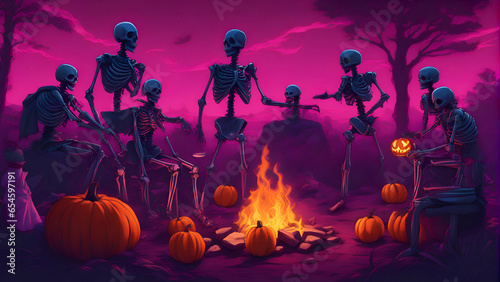 Halloween background with a group of skeleton sitting by the fire.3d render