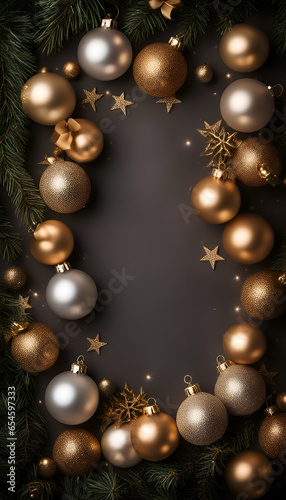 Christmas background with golden and silver baubles and fir tree branches. Flat lay. top view