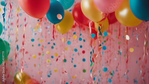 Colorful balloons with confetti and ribbons on a pink background
