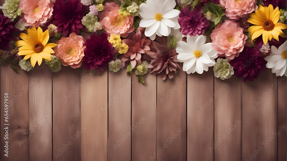 Colorful flowers on wooden background with copy space. Top view.