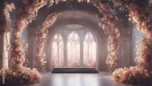 Foto Wedding archway with pink flowers. 3D rendering.