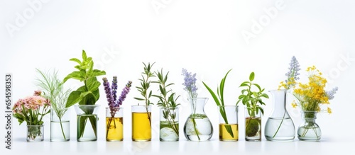 Herbal medicine plant in glass vial white background © TheWaterMeloonProjec