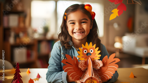 A kid with a paper turkey on Thanksgiving Day and happily with her creation