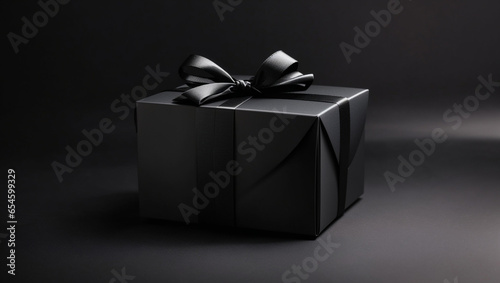 black gift box on black background Backdrop copy space. Black Friday Event