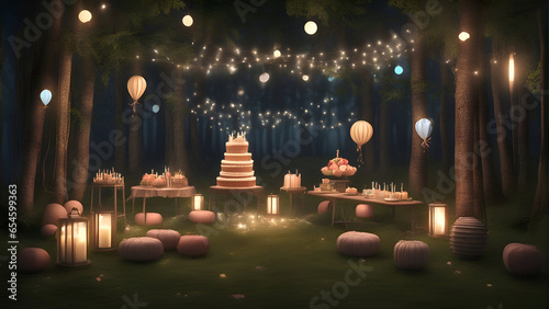 Wedding cake in the forest at night. 3D rendering