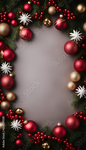 Christmas background with red and gold baubles and fir tree branches