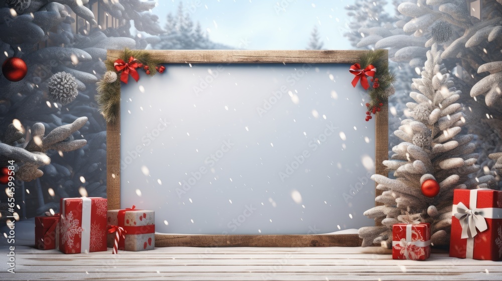 merry christmas new year background with decorations on white sign board at wall. blank banner board with copy space. frame wallpaper texture for ads. Generative AI - obrazy, fototapety, plakaty 