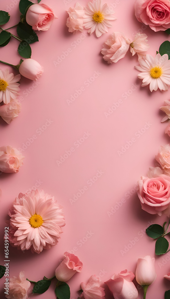 Flowers composition. Frame made of pink flowers on pink background. Flat lay. top view. copy space