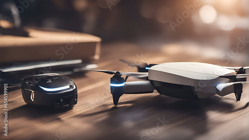 Drone quadcopter with digital camera on wooden table. 3d render photo