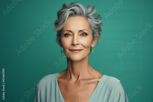 Smiling attractive woman 50s years old look to the camera, isolated on plain green background studio portrait. People lifestyle concept. AI Generated.