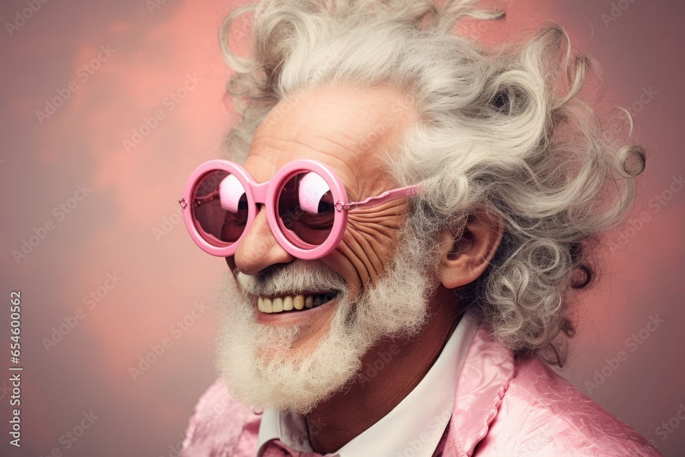 Elderly man with glasses, carnivalcore theme. Playful surrealism meets festive charm. Quirky style in, pink, light gray and crimson. UHD.
