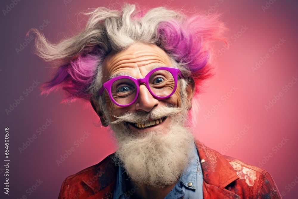 Elderly man with glasses, carnivalcore theme. Playful surrealism meets festive charm. Quirky style in, pink, light gray and crimson. UHD.
