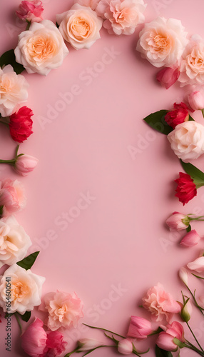Flowers composition. Frame made of rose flowers on pink background. Flat lay. top view. copy space