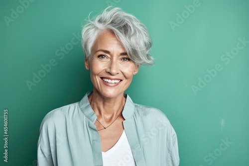 Mature woman winks playfully, her joy captured against a refreshing spearmint green. Enhanced by innovative generative AI for a contemporary touch.