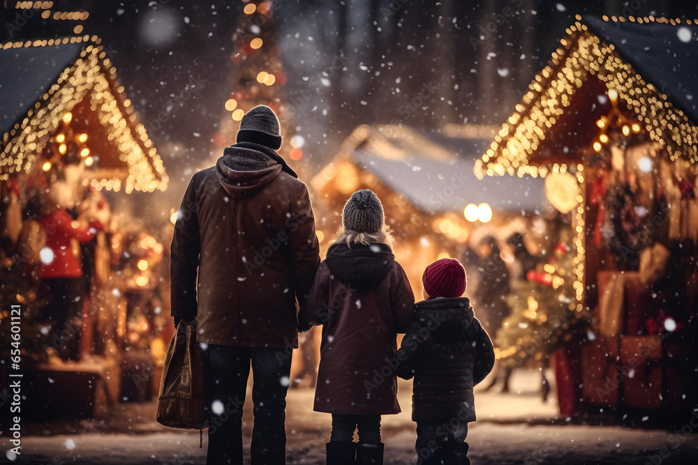 Family celebrating the holidays with beautiful christmas lights