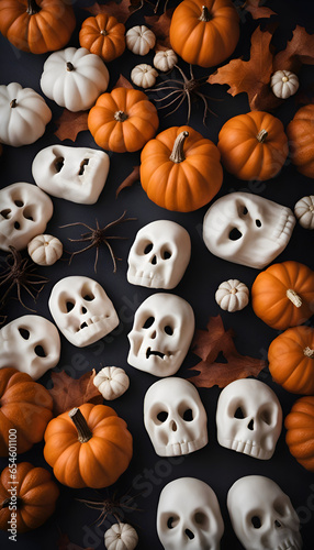 Halloween background with pumpkins and skulls. top view. copy space