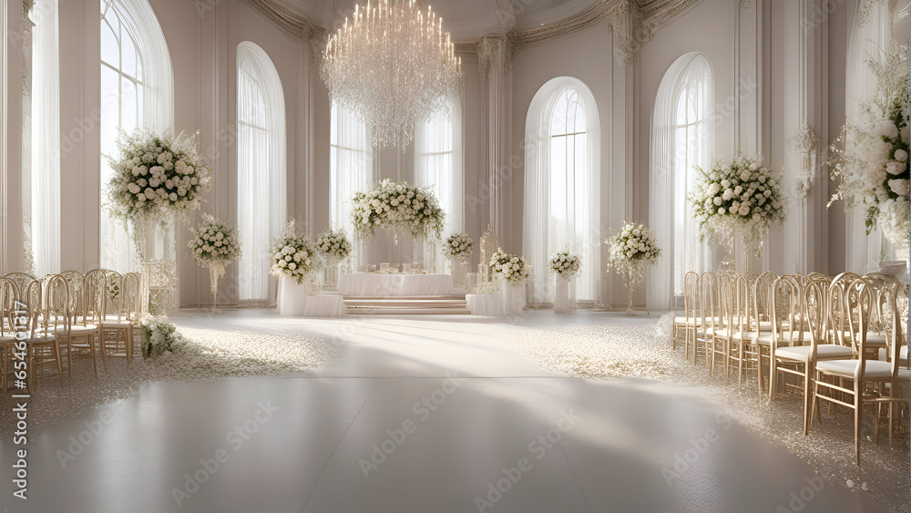 Wedding hall decorated with flowers and candles. 3D rendering