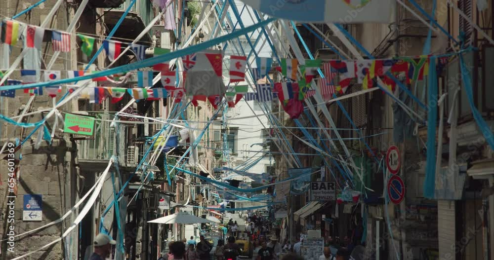 Banners, garlands, and flags, in Naples, Italy Banners, garlands, and flags, in Naples, Italy