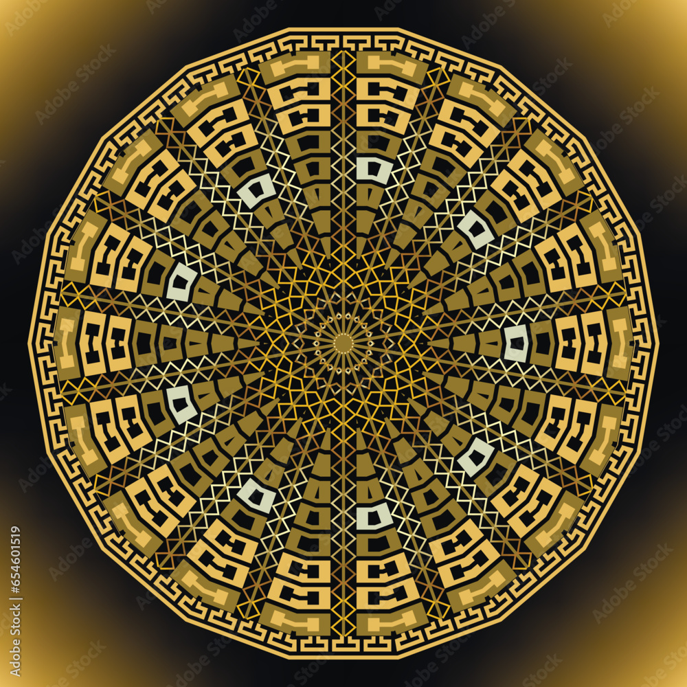 Mandala. Greek ancient style round mandala pattern.  Ornamental colorful glowing vector background. Geometric modern radial ornament. Abstract shapes, circles, frame, borders, greek key, meanders