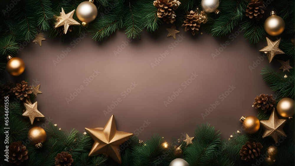 Christmas background with fir branches. golden and silver balls. cones and stars